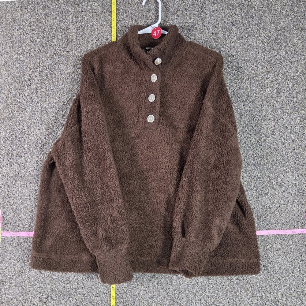 Ciao Bella Sherpa Pullover Women 1X Brown Pearl Button Mock Neck Fleece NWT